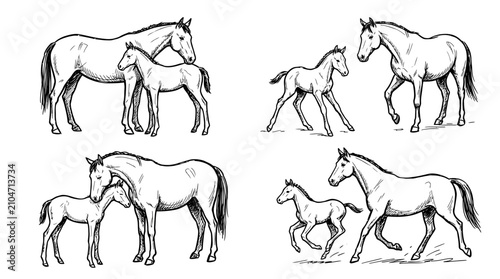 Set of hand drawn sketches featuring horses and their foals.