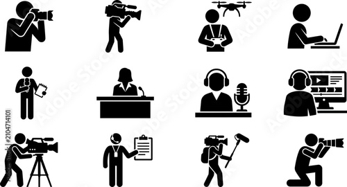 Foto Set of black silhouette icons depicting media professionals and broadcasting equipment