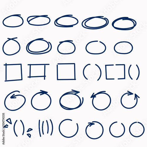 Set of hand drawn doodle shapes, arrows, circles, and squares for text highlight and annotation. Marker sketch style vector elements for presentation, infographic, and design layout