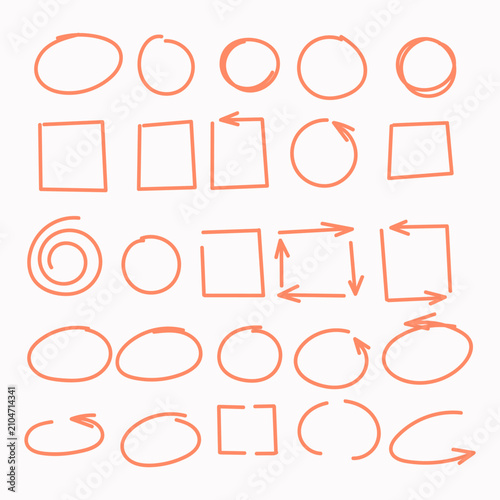 Set of hand drawn doodle shapes, arrows, circles, and squares for text highlight and annotation. Marker sketch style vector elements for presentation, infographic, and design layout