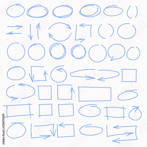 Set of hand drawn doodle shapes, arrows, circles, and squares for text highlight and annotation. Marker sketch style vector elements for presentation, infographic, and design layout