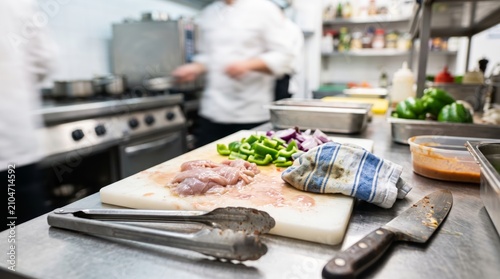 Raw chicken and chopped vegetables on dirty restaurant cutting board