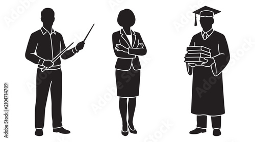 Education and Professional Career Silhouettes of Teacher, Business Woman and College Graduate