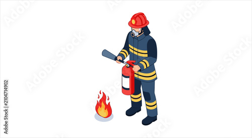 Canvastavla Firefighter in uniform holding a fire extinguisher ready to fight a small fire