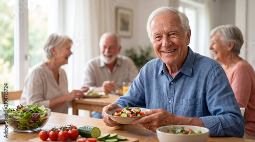 A cheerful senior man smiling at the camera while holding a fresh salad bowl, enjoying a healthy lunch with his friends in a bright, cozy dining room.