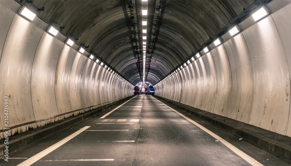Fototapeta premium Perspective view through a curved concrete road tunnel with lights.