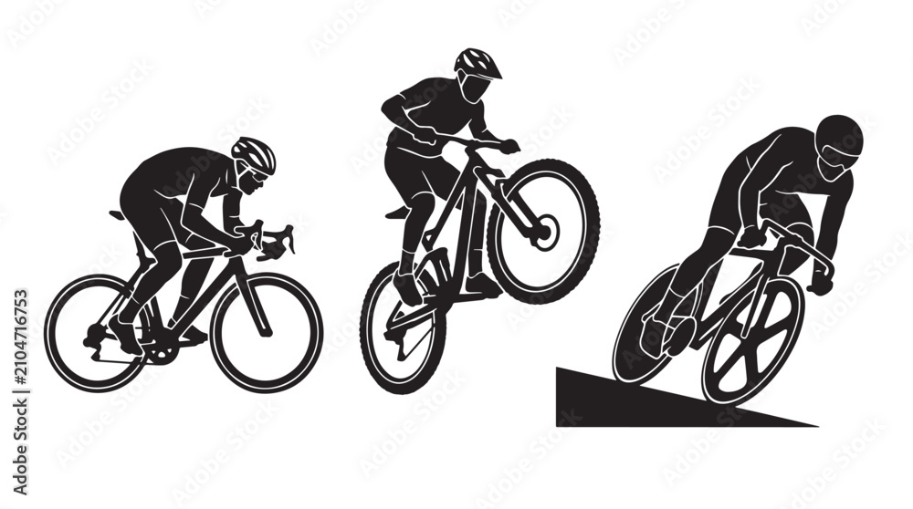 Fototapeta premium Professional Cycling Silhouettes Set Featuring Road Racing Mountain Biking and Extreme Sports