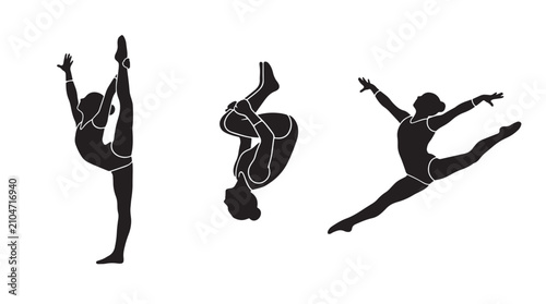 Φωτογραφία Set of three female gymnast silhouettes performing artistic gymnastics moves iso