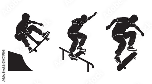 Fotografija Three Skateboarder Silhouettes Performing Extreme Tricks on Ramp and Rail Vector