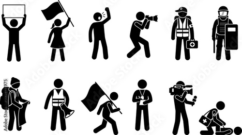 Photos Set of stick figure icons depicting protesters and civil unrest situations