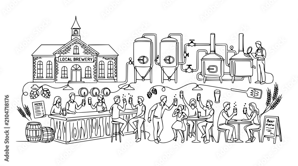 Obraz premium Local Brewery Scene: People Enjoying Craft Beer at Bar and Tables, Brewing Equipment and Building