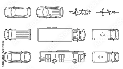 Top view set of urban transport vehicles and emergency cars.