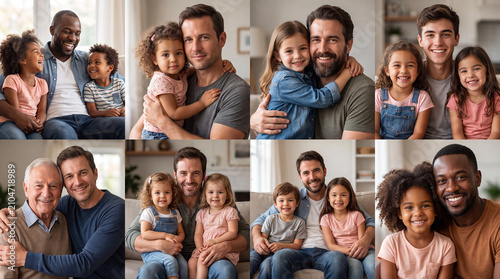 A heartwarming collage featuring various diverse fathers, grandfathers, and their children sharing loving moments, laughter, and hugs in a comfortable home setting.