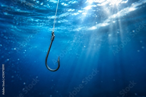 Fishing hook submerged in water, aquatic close-up with light refraction.