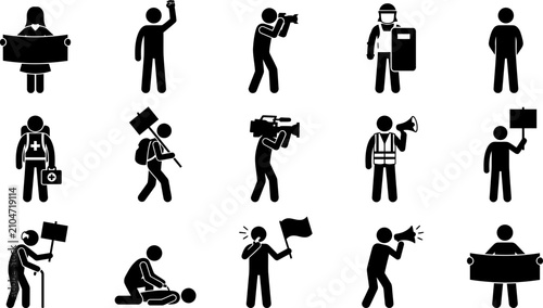Foto Set of stick figure icons representing protest and civil unrest activities