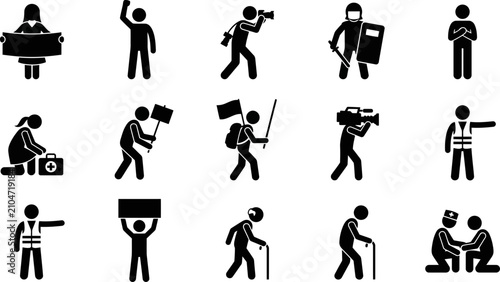 Bild auf Leinwand Set of black stick figure icons depicting protest and social unrest scenes