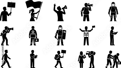 Schilderij op canvas Set of black silhouette icons representing protest demonstration and riot control
