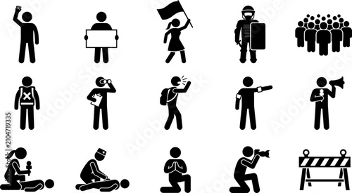 Photos Set of protest and riot stick figure icons.