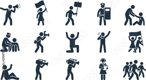 Set of black silhouette icons depicting protest and social activism.