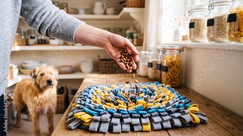 Hand scattering kibble onto a colorful dog snuffle mat in a rustic kitchen