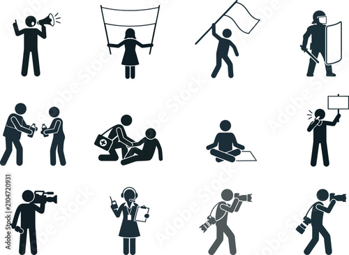 Photography Set of protest and demonstration icons depicting civil unrest and media coverage