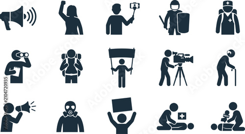Photos Set of protest and social unrest flat vector icons.