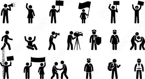 Foto Set of stick figure icons representing protesters and social demonstration events
