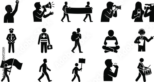 Foto Set of black and white protest and demonstration participant icons