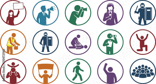 Set of diverse vector icons depicting various social activities and protest events.