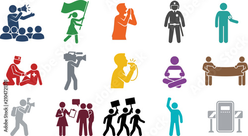 Set of colorful protest and social demonstration icons.