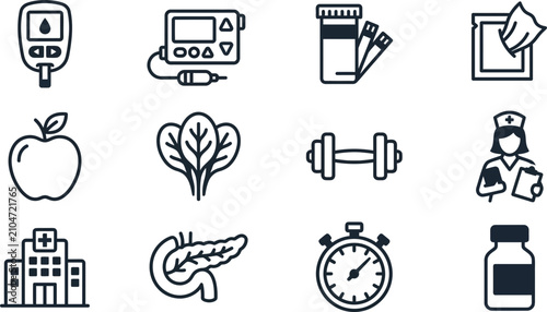 Photos Set of medical and healthcare icons for diabetes management and healthy lifestyle