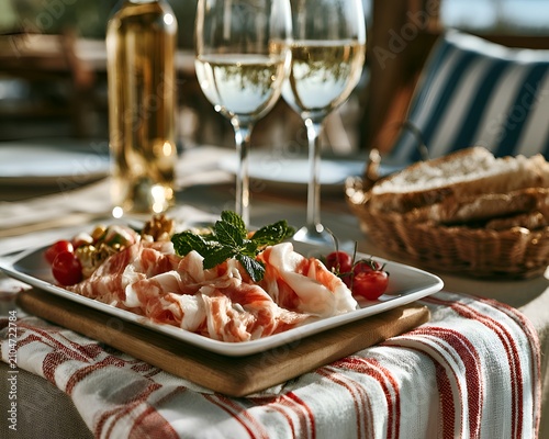 Elegant charcuterie board with cured meat, cherry tomatoes, and white wine glasses on a table