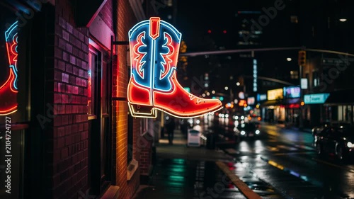 Bright neon cowboy boot sign glowing on urban street at night with blurred city lights and traffic
