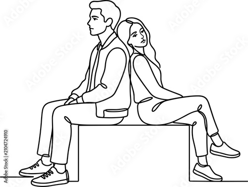 Fotografía Continuous line art of a young couple sitting back to back in a relationship conflict