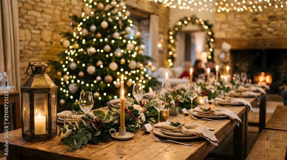 Obraz premium Festive christmas dinner setting long wooden table with candlelight and decorated tree