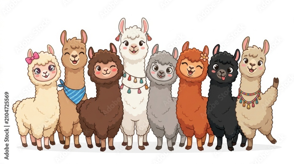 Obraz premium Group of cute cartoon llamas and alpacas standing together on white background