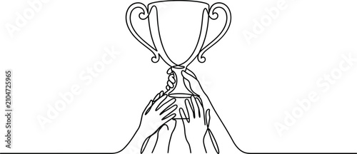 Bild auf Leinwand Continuous one line drawing of hands holding up a trophy cup.