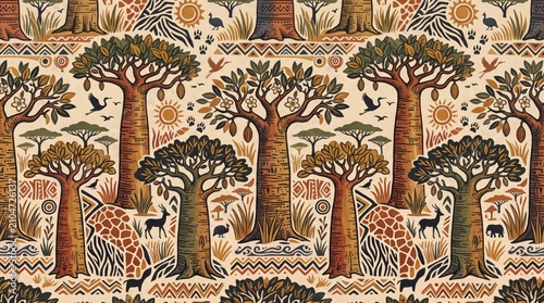 Detailed african savannah safari landscape pattern with baobab trees and wildlife animals savannah landscape wildlife