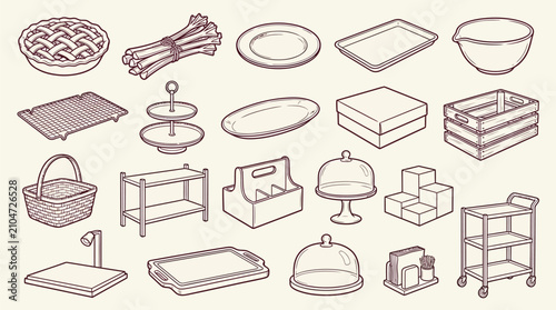 Fotografie An isometric line art illustration showcasing a collection of kitchenware, bakeware, serving dishes, and food items like a pie and asparagus, all in a clean, minimalist style