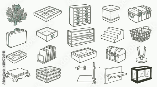 Canvas Print Isometric line art illustration of various storage containers, furniture, and miscellaneous objects including chests, shelves, trays, and boxes
