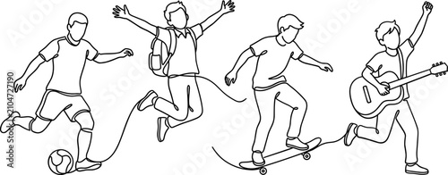 Foto Set of four boys engaged in various recreational and active hobbies