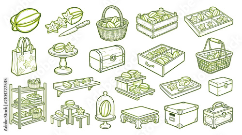 Foto A collection of green outline illustrations featuring star fruit, various baskets, crates, display stands, and storage containers, all related to fruit presentation and sale