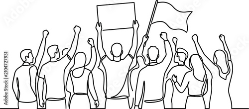 Quadro su tela Continuous line art illustration of a group of protesters with signs and flags