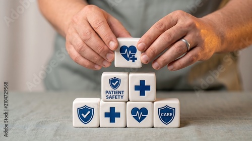 Hands stacking blocks with patient safety and healthcare icons