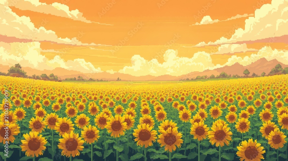 Fototapeta premium Vibrant Sunflower Field in Golden Sunset with Cloudy Sky Landscape