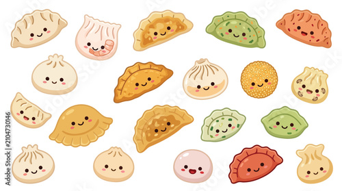 Foto A delightful collection of kawaii-style dumplings and dim sum, each with a cute smiling face and rosy cheeks, presented on a clean white background