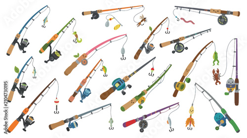Bild auf Leinwand A large collection of various fishing rods, reels, and lures in different colors and styles, suitable for diverse angling activities