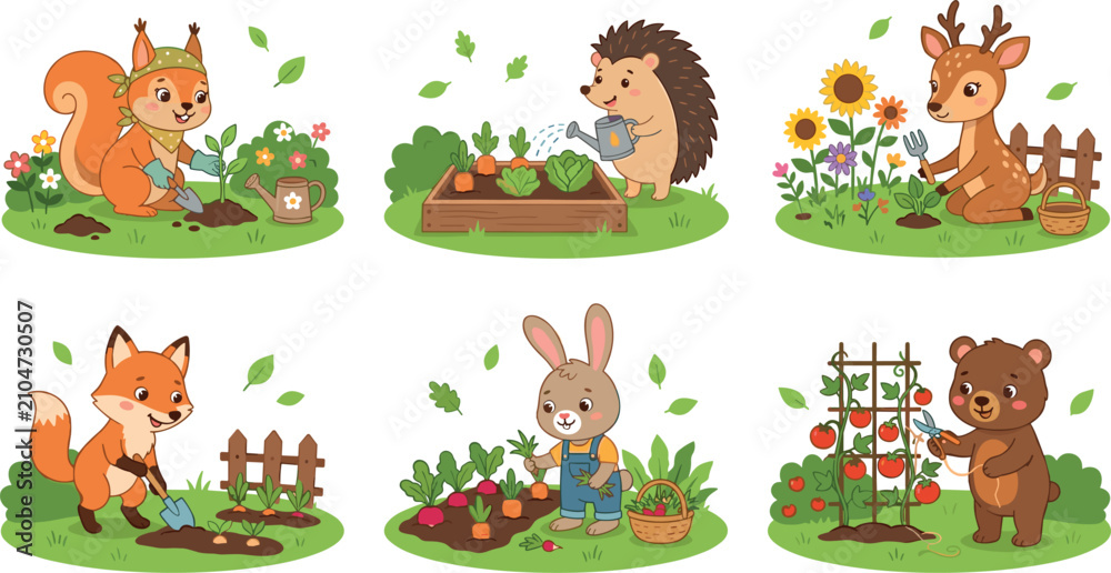 Fototapeta premium Cute Woodland Animals Gardening Vector Illustration Set with Friendly Forest Characters Planting Seeds, Watering Vegetables, and Harvesting Crops for Kids Book Designs