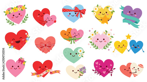 Foto A charming collection of cute, anthropomorphic hearts adorned with flowers, ribbons, and happy expressions, perfect for Valentine's Day or love-themed designs
