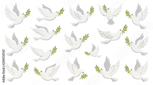 Schilderij op canvas A flock of white doves flying with olive branches, symbolizing peace, hope, and new beginnings